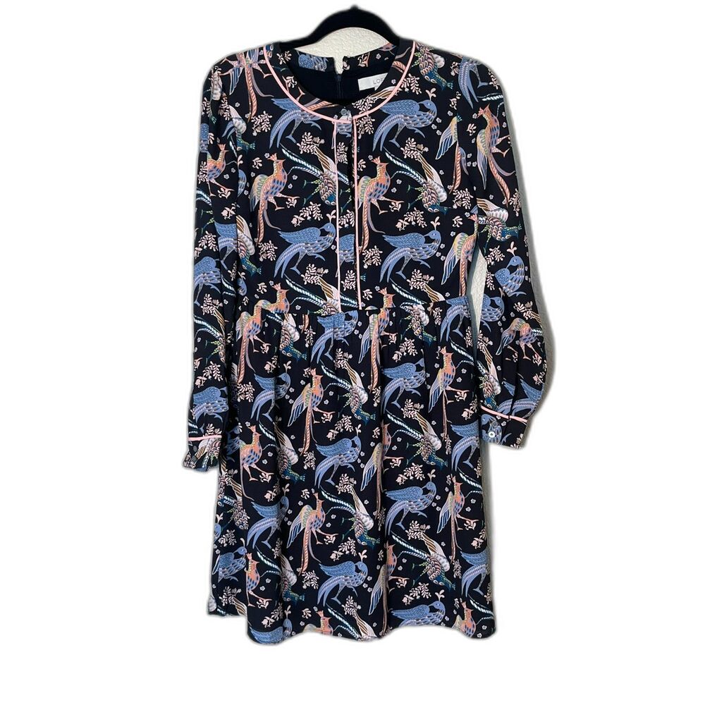 Ann Taylor Loft Black Pink Blue Bird Peacock Dress Size 2 Boho Whimsy Western